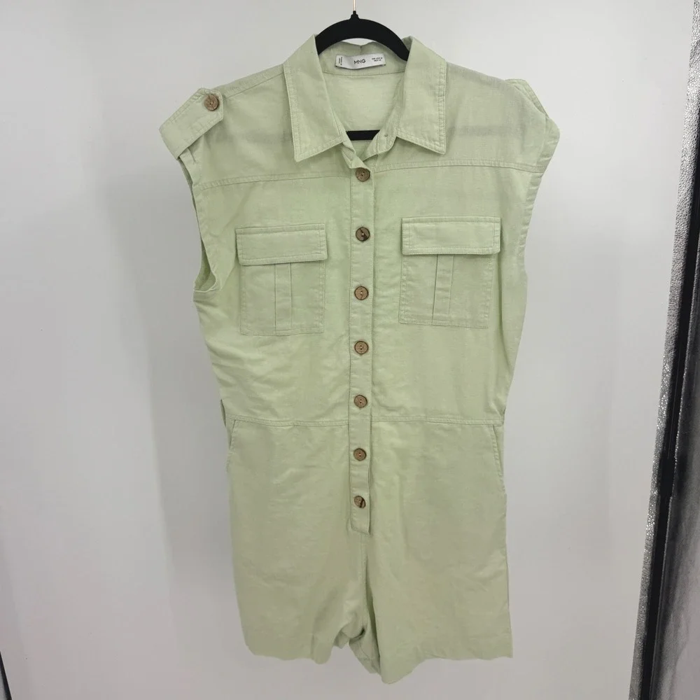 Mango MNG Women Light Green Linen Blend Utility Button Front Romper Size M 88638